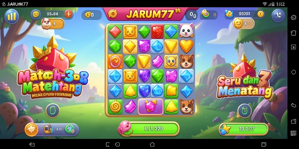 Screenshot JARUM77 menampilkan pengalaman seru dalam permainan Match-3.