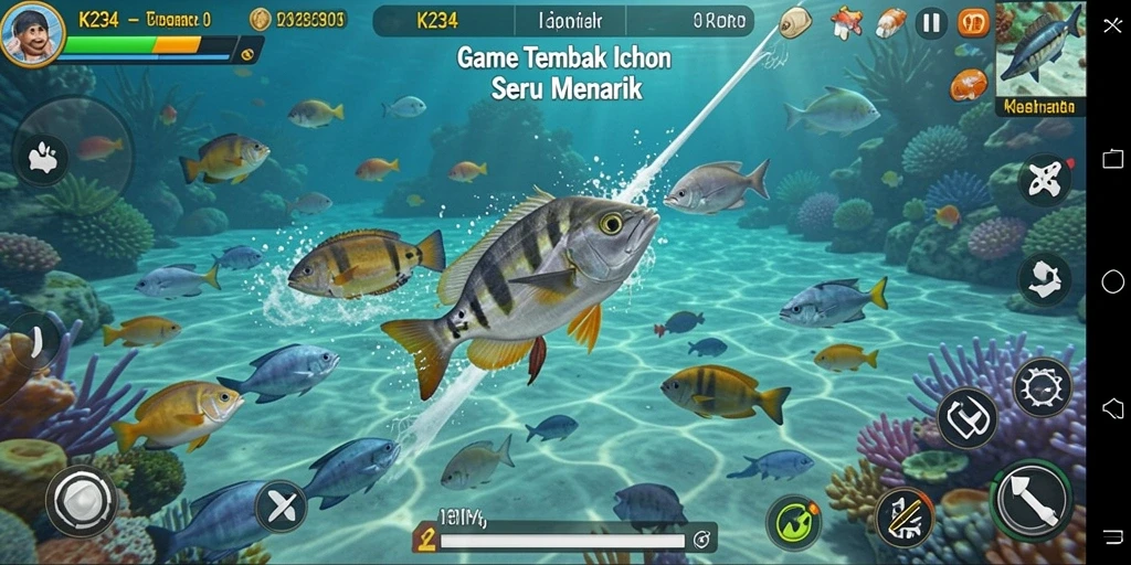 Tampilan gameplay seru dalam K234, penuh aksi menangkap ikan.