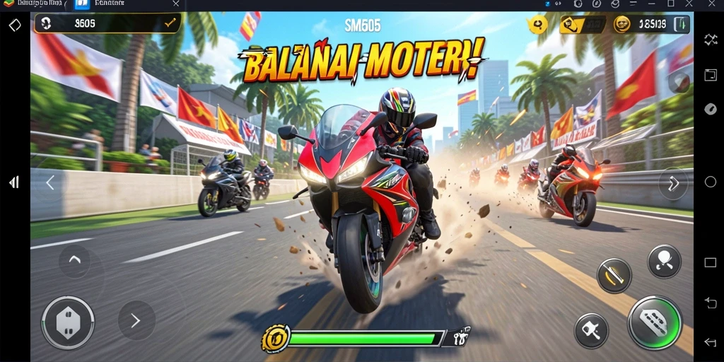 Screenshot gameplay SM605 yang menunjukkan aksi balapan motor yang mendebarkan.